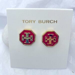 New Tory Burch Gold Logo, Red Enamel Octagon Stud Earrings